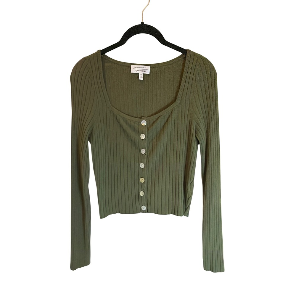 &‎ Other Stories Olive Green Ribbed Button Front Square Neck Cardigan Top Medium